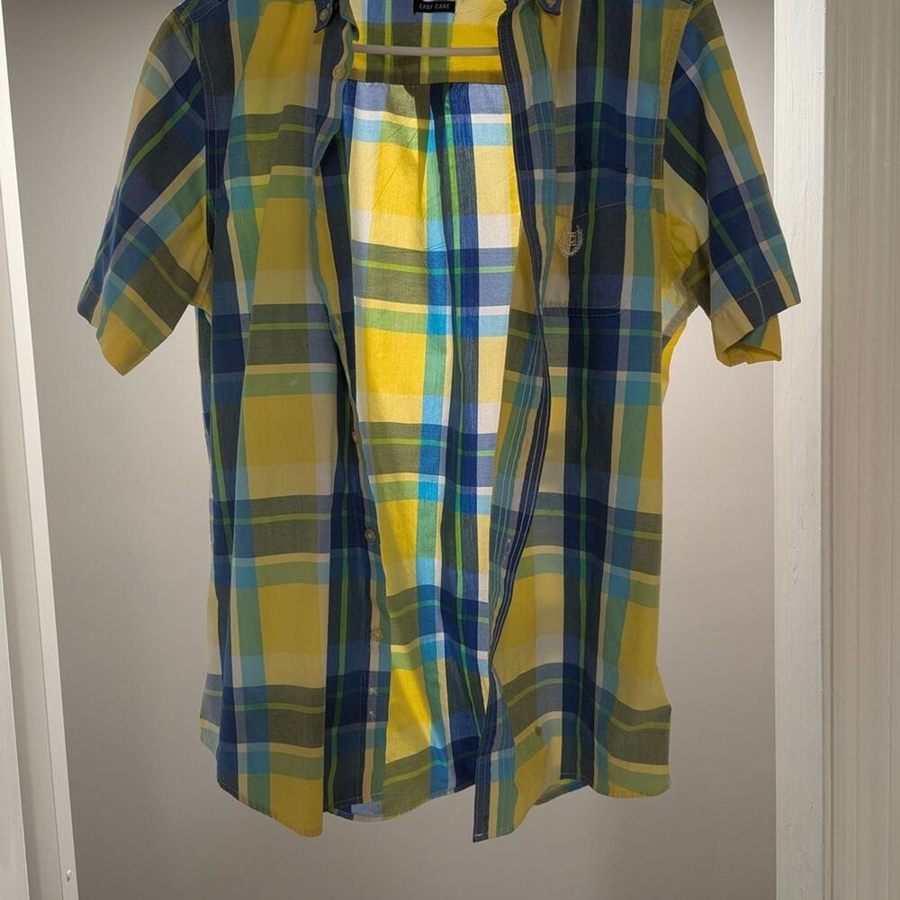 Chaps Men's S Yellow Plaid Short Sleeve Button Down Shirt Cotton Blend Classic